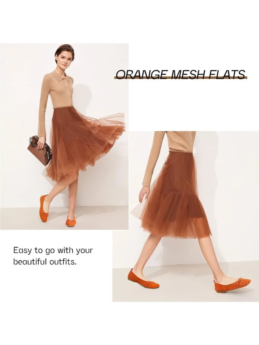 Women's Orange Crochet Lace Round Toe Solid Comfortable Low Heel Ballet Flats